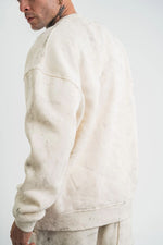 Erkek 3 İplik Pamuklu Yağ Yıkamalı Bisiklet Yaka Sweatshirt Oversize Hoodie - Krem
