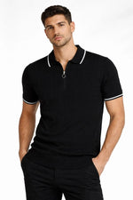 Erkek Yazlık Dokuma Triko Tişört Fermuarlı Polo Yaka Kısa Kol T-Shirt - Siyah