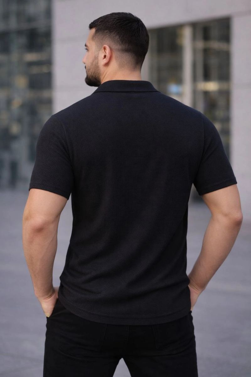 Erkek Waffle Kumaş Açık Yakalı Düğmeli Regular Fit Gömlek 2’li Set Siyah-Beyaz