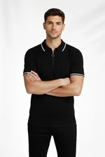 Erkek Triko Tişört Fermuarlı Polo Yaka Yazlık Kısa Kol T-Shirt 2’li Set Beyaz-Siyah