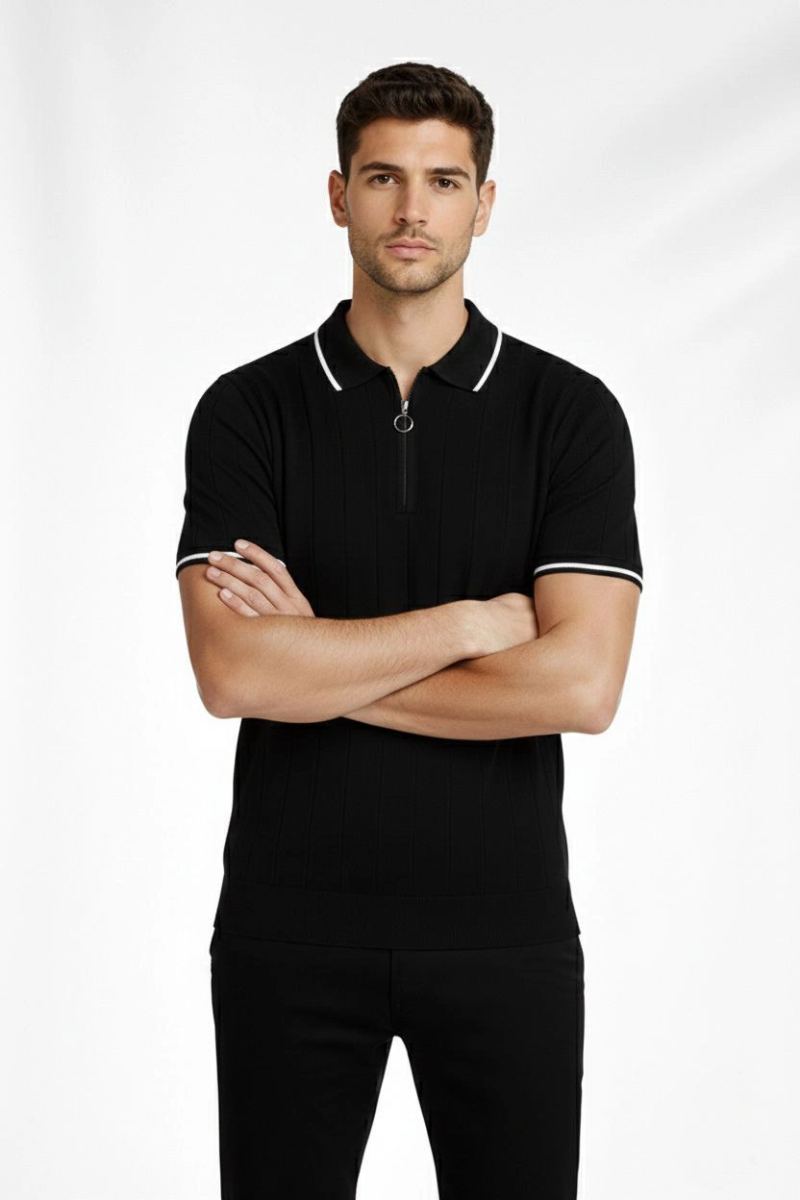 Erkek Triko Tişört Fermuarlı Polo Yaka Yazlık Kısa Kol T-Shirt 2’li Set Beyaz-Siyah