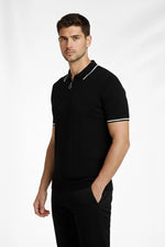 Erkek Triko Tişört Fermuarlı Polo Yaka Yazlık Kısa Kol T-Shirt 2’li Set Beyaz-Siyah