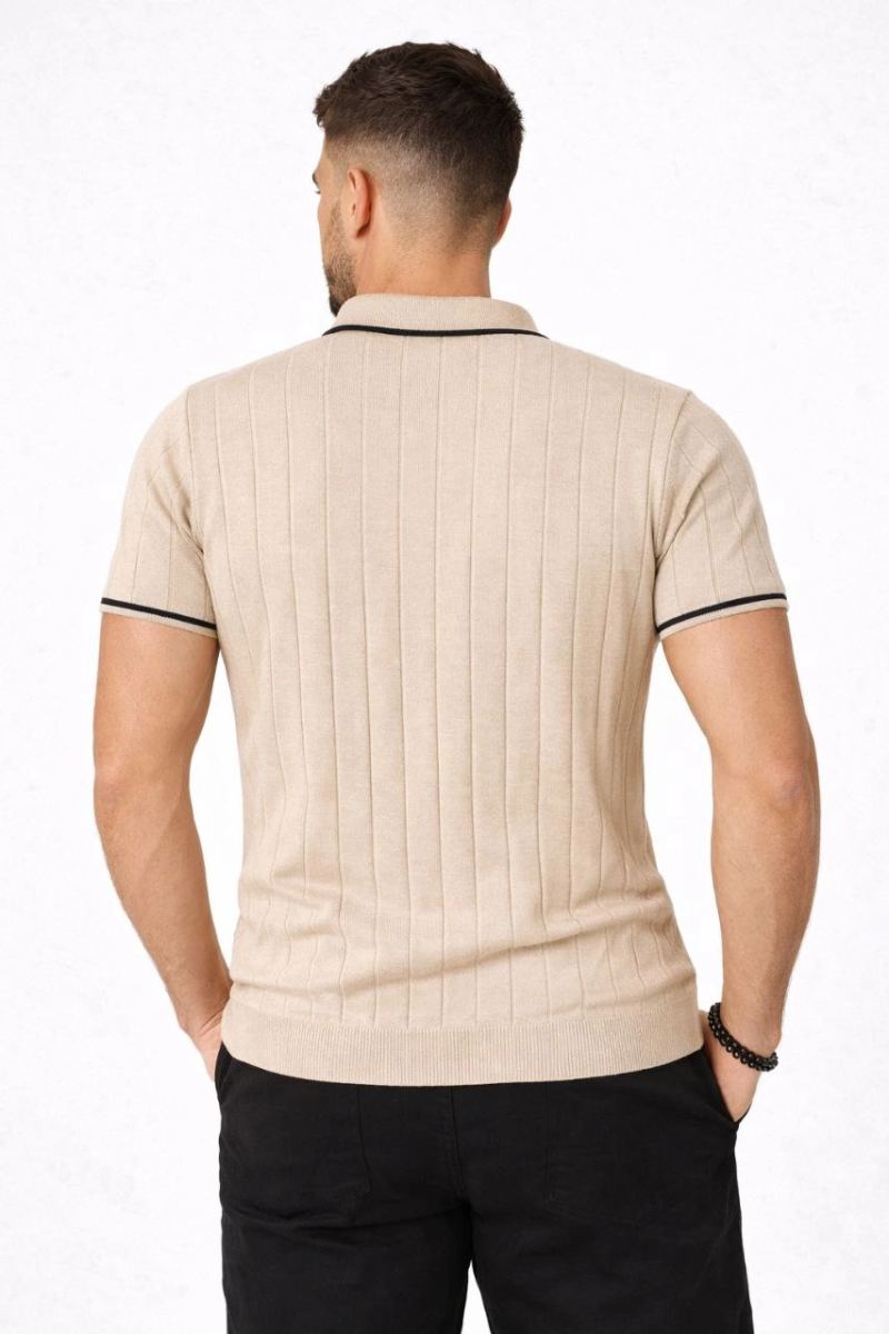 Erkek Triko Tişört Fermuarlı Polo Yakal Yazlık Kısa Kol T-Shirt 2’li Set Bej-Siyah