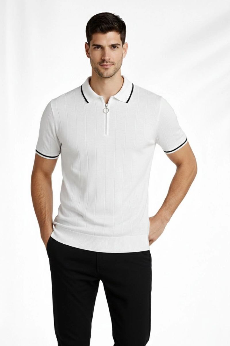 Erkek Triko Tişört Fermuarlı Polo Yaka Kısa Kol T-Shirt 3’lü Set Bej-Beyaz-Siyah
