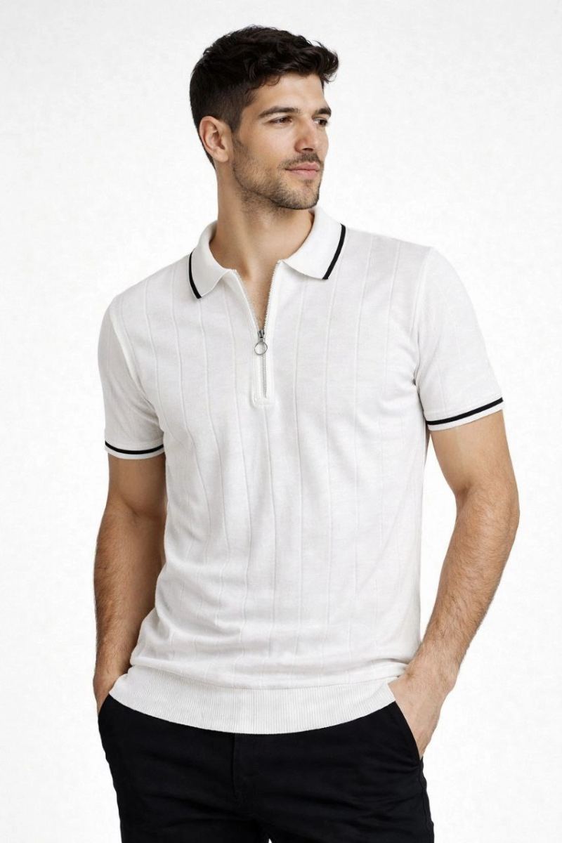 Erkek Triko Tişört Fermuarlı Polo Yaka Kısa Kol T-Shirt 3’lü Set Kahve-Siyah-Beyaz