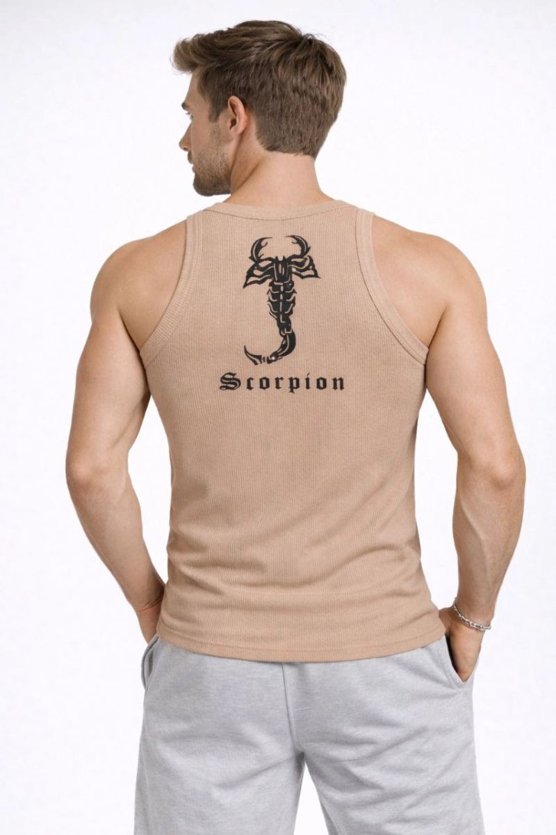 Erkek Fitilli Atlet Sıfır Yaka Slim Fit Arka Baskılı Spor Atlet - Bej