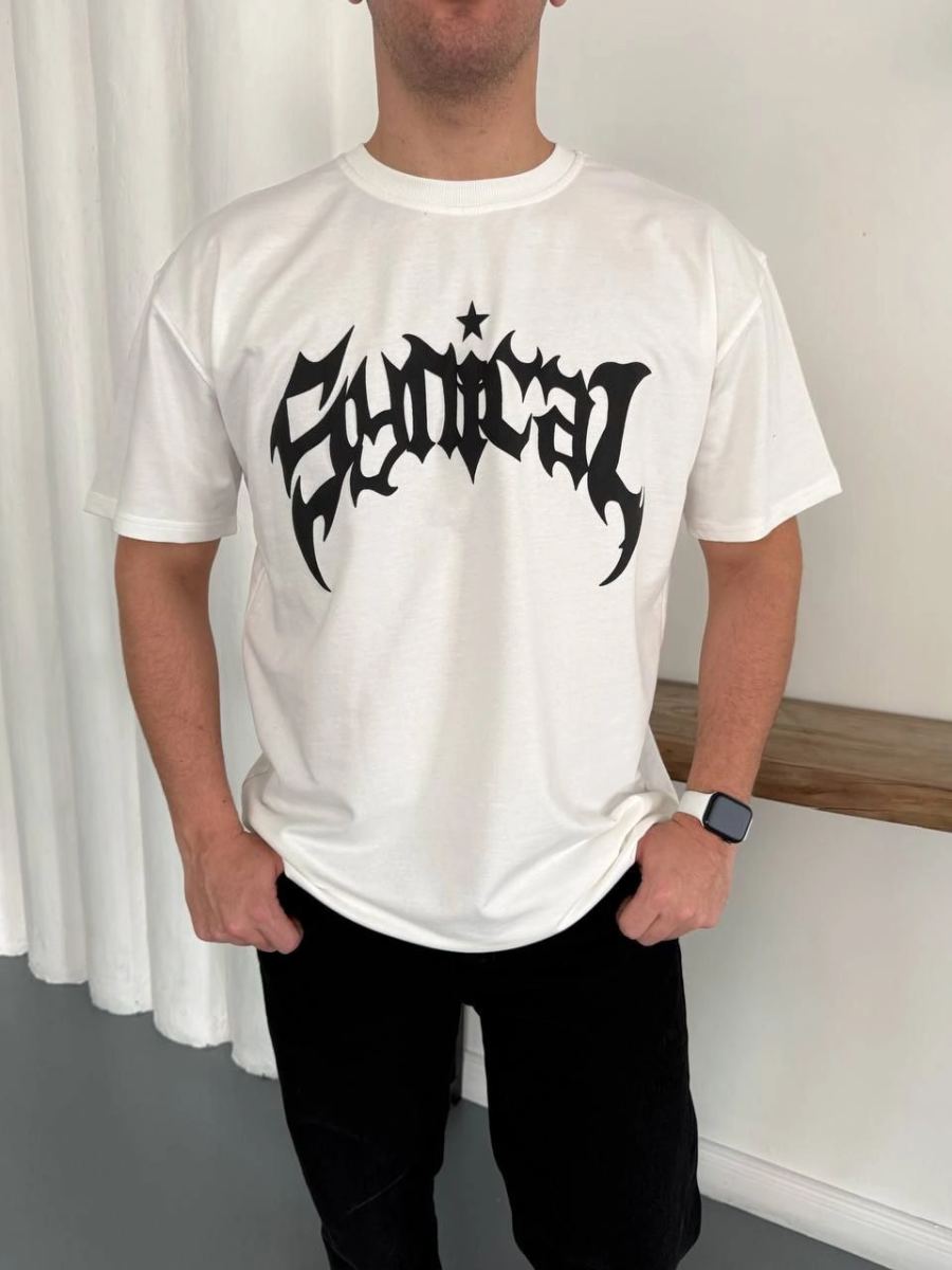 Erkek Kısa Kol Yazlık Tişört Bisiklet Yaka Baskılı Oversize T-Shirt - Beyaz