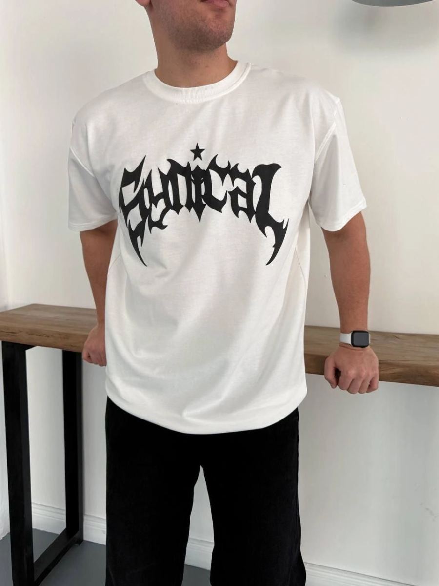 Erkek Kısa Kol Yazlık Tişört Bisiklet Yaka Baskılı Oversize T-Shirt - Beyaz