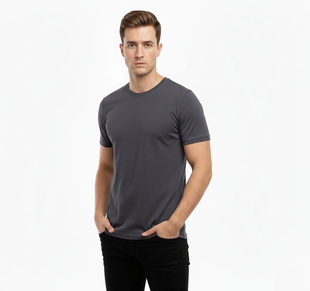 Erkek Bisiklet Yaka Slim Fit dar kesim Likralı Tişört - Füme