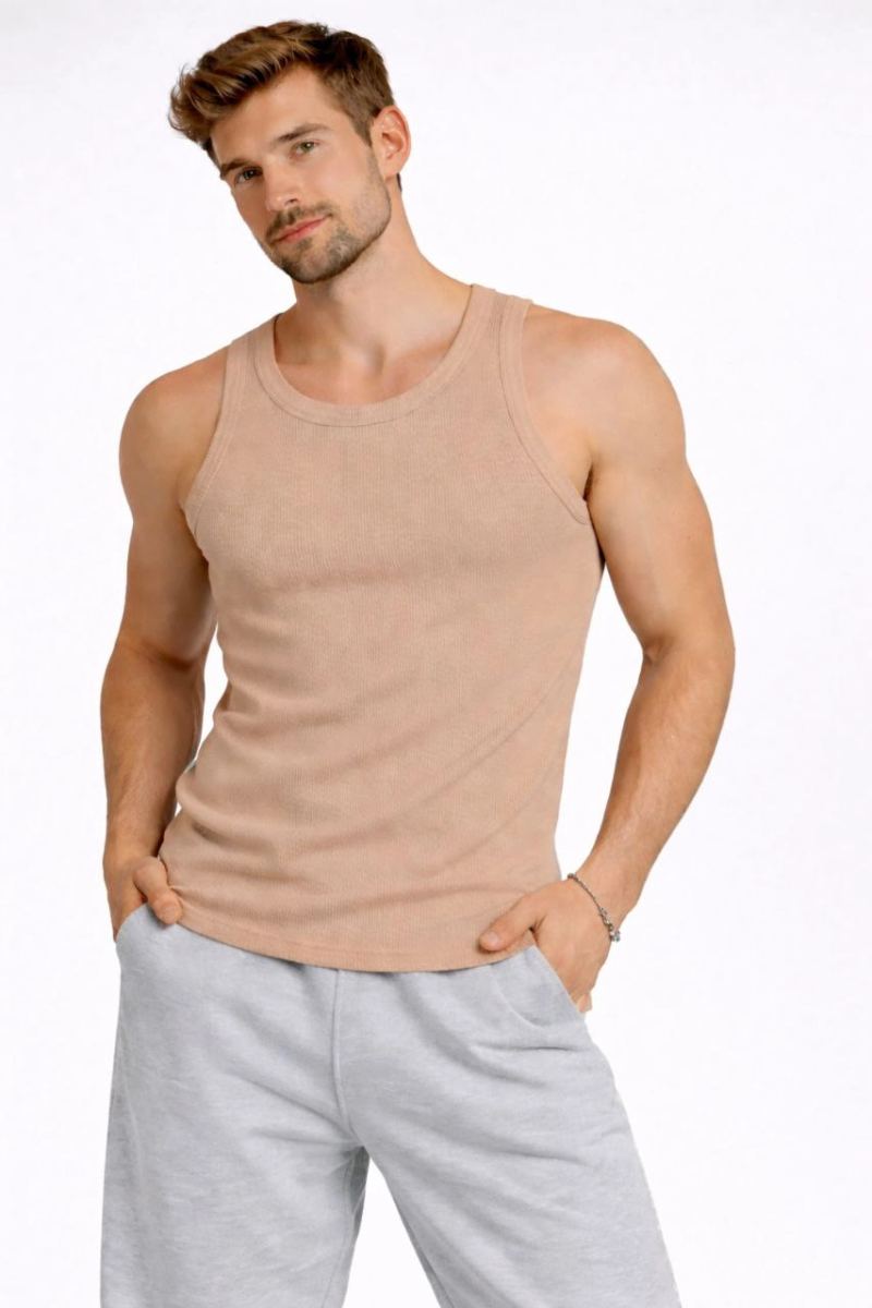 Erkek Spor Slimfit Fitilli Kaşkorse Arka Basklı Atlet 2'li Set Kahverengi-Beyaz