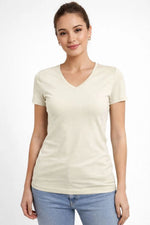 Kadın V Yaka Tişört Kısa Kol Slim Fit T-shirt 2'li Set Saks Mavisi-Ekru