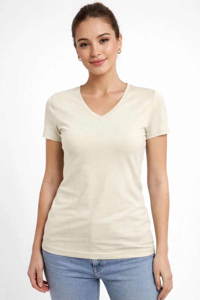 Kadın V Yaka Tişört Kısa Kol Slim Fit T-shirt 2'li Set Saks Mavisi-Ekru