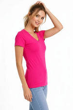 Kadın V Yaka Tişört Kısa Kol Slim Fit T-shirt 3'lü Set Pembe-Saks Mavi-Ekru
