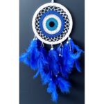Saks Mavisi Kuş Tüylü Dream Catcher Nazar Boncuğu Motifli Düş Kapanı Duvar Süsü - Görsel 3