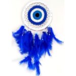 Saks Mavisi Kuş Tüylü Dream Catcher Nazar Boncuğu Motifli Düş Kapanı Duvar Süsü - Görsel 2