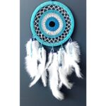 Nazar Boncuğu Motifli Turkuaz Rengi Dream Catcher Beyaz Kuş Tüylü Düş Kapanı Duvar Süsü - Görsel 3