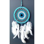 Nazar Boncuğu Motifli Turkuaz Rengi Dream Catcher Beyaz Kuş Tüylü Düş Kapanı Duvar Süsü - Görsel 2