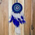 Nazar Boncuğu Desenli Bol Kuş Tüylü Lacivert Dream Catcher El Yapımı Duvar Dekoru - Görsel 4