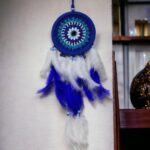 Nazar Boncuğu Desenli Bol Kuş Tüylü Lacivert Dream Catcher El Yapımı Duvar Dekoru - Görsel 3