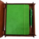 Dekoratif Yeşil Deri Kaplama Defter Ahşap Kutulu Hediyelik Vip Set - Görsel 2
