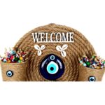 Üç Saksılı Welcome Yazılı Deniz Kabuklu Nazar Boncuklu Hasır Kapı Süsü - Görsel 2