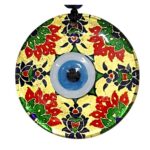 Kırmızı Çiçekli Nazar Boncuklu Altın Rengi Füzyon Cam 12 cm Duvar Süsü