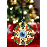Kırmızı Çiçekli Nazar Boncuklu Altın Rengi Füzyon Cam 12 cm Duvar Süsü - Görsel 2