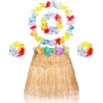 Yetişkin Çocuk Hawaii Parti Seti - 40 cm Naturel Etek + Çiçek Aksesuarlar (5 Parça) - Görsel 4