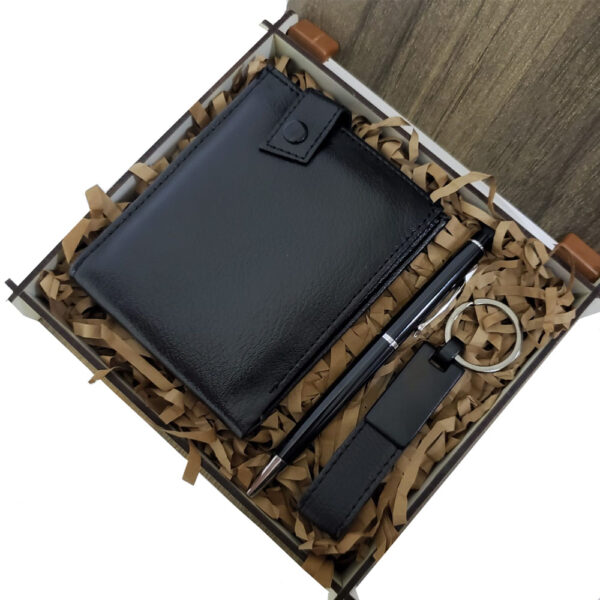 Ahşap Deri Kutulu Siyah Renk 3&apos;lü Hediye Seti - Kalem, Cüzdan, Anahtar