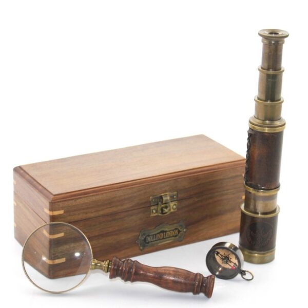 Ahşap Kutu Pirinç Pusula, Dürbün, Büyüteç, Seti Model 2