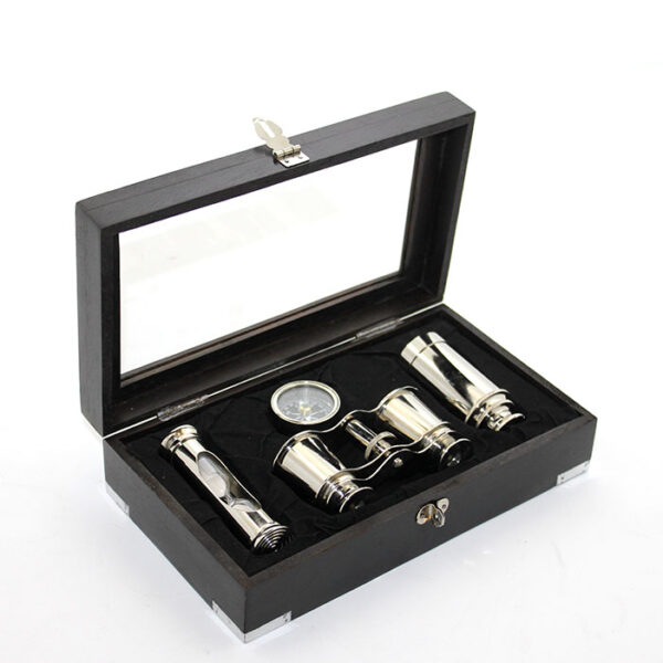 Ahşap Kutulu Pirinç Dürbün Pusula Ve Kum Saati Seti