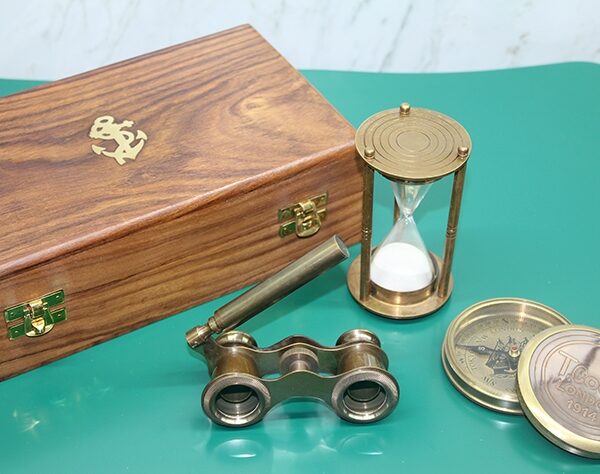 Ahşap Kutulu Pirinç Pusula, Kum Saati, Dürbün Seti