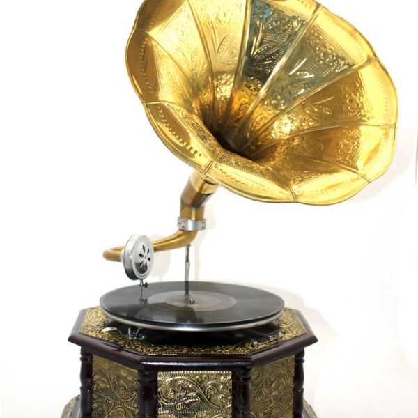 Ahşap Sekizgen Gramofon Taş  Plak Çalar Metal Kaplamalı