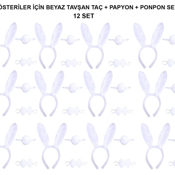 Beyaz Tavşan Kostüm Seti – Taç, Papyon, Kuyruk (12’li Paket)