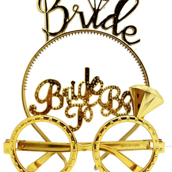 Bride Yazılı Taç ve Bride To Be Yazılı Gözlük Seti Altın Renk