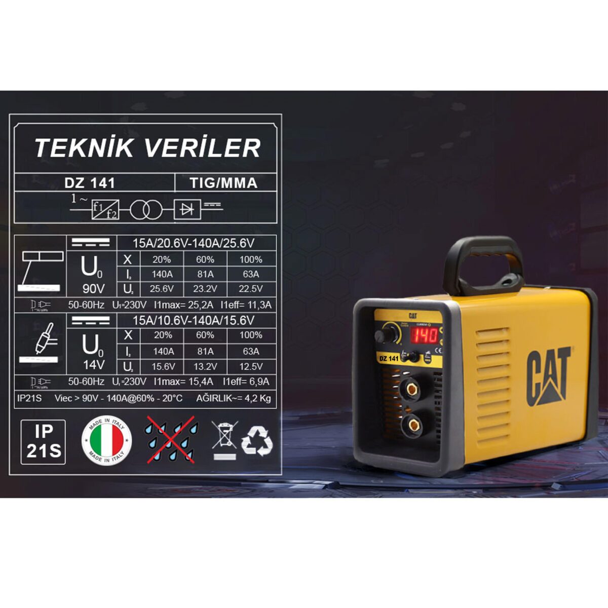 CAT DZ141T 140 Amper TIG LIFT/MMA Çanta Tipi Profesyonel Dijital İnverter Kaynak Makinesi + CAT DX37 Avuç Taşlama - Görsel 3