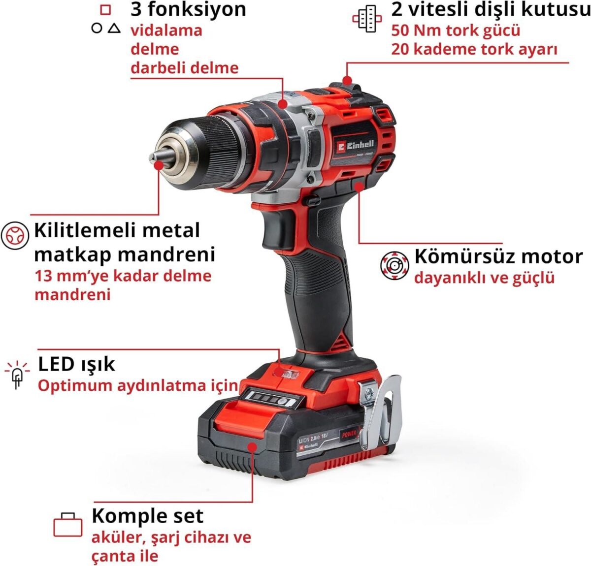 Einhell TE CD 18/50 Lİ-İ BL Darbeli Vidalama 2X2,0 Ah - Görsel 3