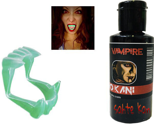 Fosforlu Çift Damak Takma Vampir Dişi ve 50 gr Tiyatro Kanı Set