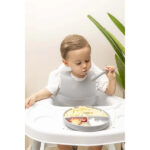 Gri 3’lü Silikon Yemek Seti – Önlük + Diş Kaşıyıcılı Kaşık + Vakumlu Tabak - Görsel 4