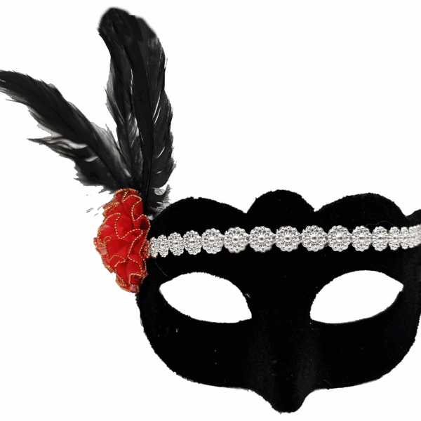 Gümüş Dantelli Kırmızı Gül Tasarımlı Parti Maskesi