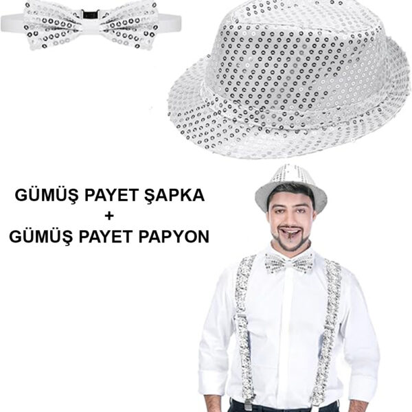 Gümüş Payetli Şapka ve Papyon Seti – Parıltılı Yetişkin Kostüm Seti