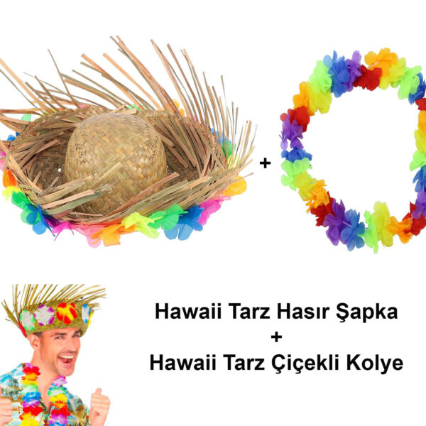 Hawaii Tarzı Set - Tropikal Çiçekli Hasır Şapka ve Çiçekli Hawaii Kolye