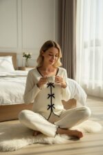 Kadın Beyaz Fiyonklu İç Çamaşırı ve Uzun Kollu V Yaka Pijama Takımı 4&apos;lü Set