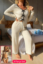 Kadın Beyaz Fiyonklu İç Çamaşırı ve Uzun Kollu V Yaka Pijama Takımı 4&apos;lü Set - Görsel 4