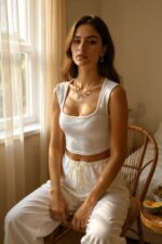 Kadın Beyaz Kare Yaka Kalınlaşan Omuz Detaylı Crop Top Bluz – Şık, Rahat ve Kolay Kombinlenebilir