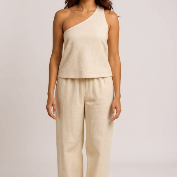 Kadın Beyaz Tek Omuzlu Şık Bluz & Geniş Paça Pantolon İkili Takım