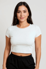 Kadın Beyaz Yuvarlak Yaka Yarım Kol Crop Top Bluz - Görsel 4