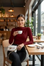 Kadın Bordo Belden ve Boyundan Büzgü Detaylı Uzun Kollu Bluz - Görsel 3