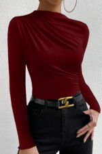 Kadın Bordo Belden ve Boyundan Büzgü Detaylı Uzun Kollu Bluz - Görsel 5