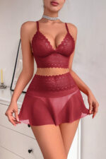 Kadın Bordo Dantel ve Tül Detaylı Etekli Şık Gecelik Takımı – Modern, Konforlu - Görsel 3